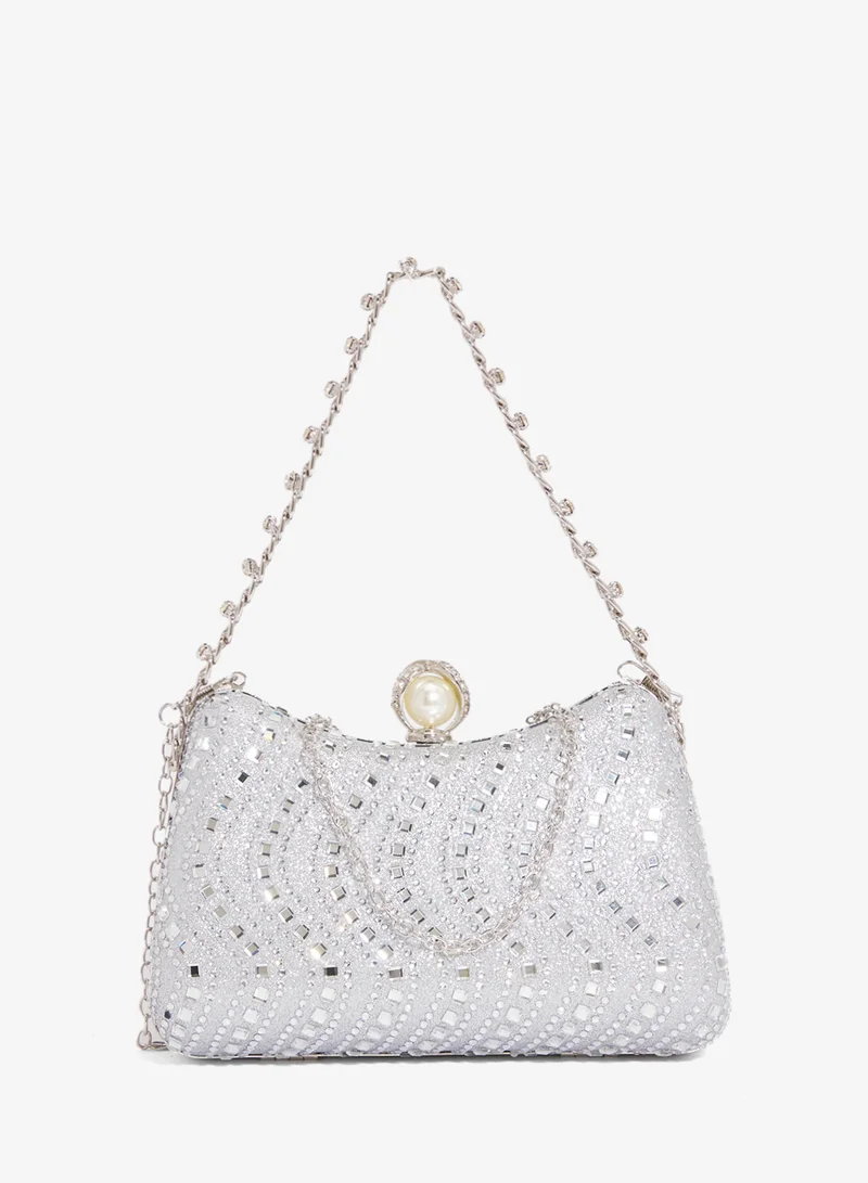 Khizana Silver Rhinestone Embellished Detailed Chain Bag